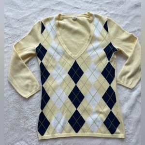 J. Crew Yellow and Navy Argyle V-Neck Sweater